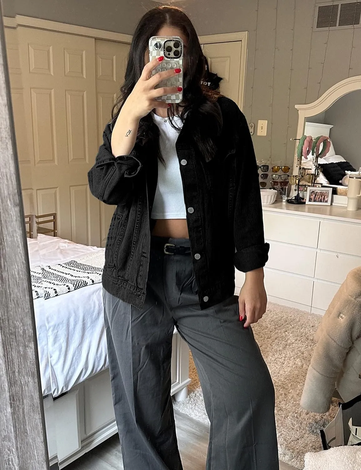 SeekMe Women's Oversized Jean Jacket Plus Size Button Down Washed Mid Long Denim Jacket