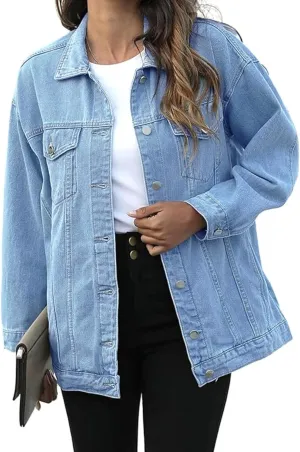SeekMe Women's Oversized Jean Jacket Plus Size Button Down Washed Mid Long Denim Jacket
