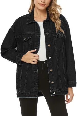 SeekMe Women's Oversized Jean Jacket Plus Size Button Down Washed Mid Long Denim Jacket