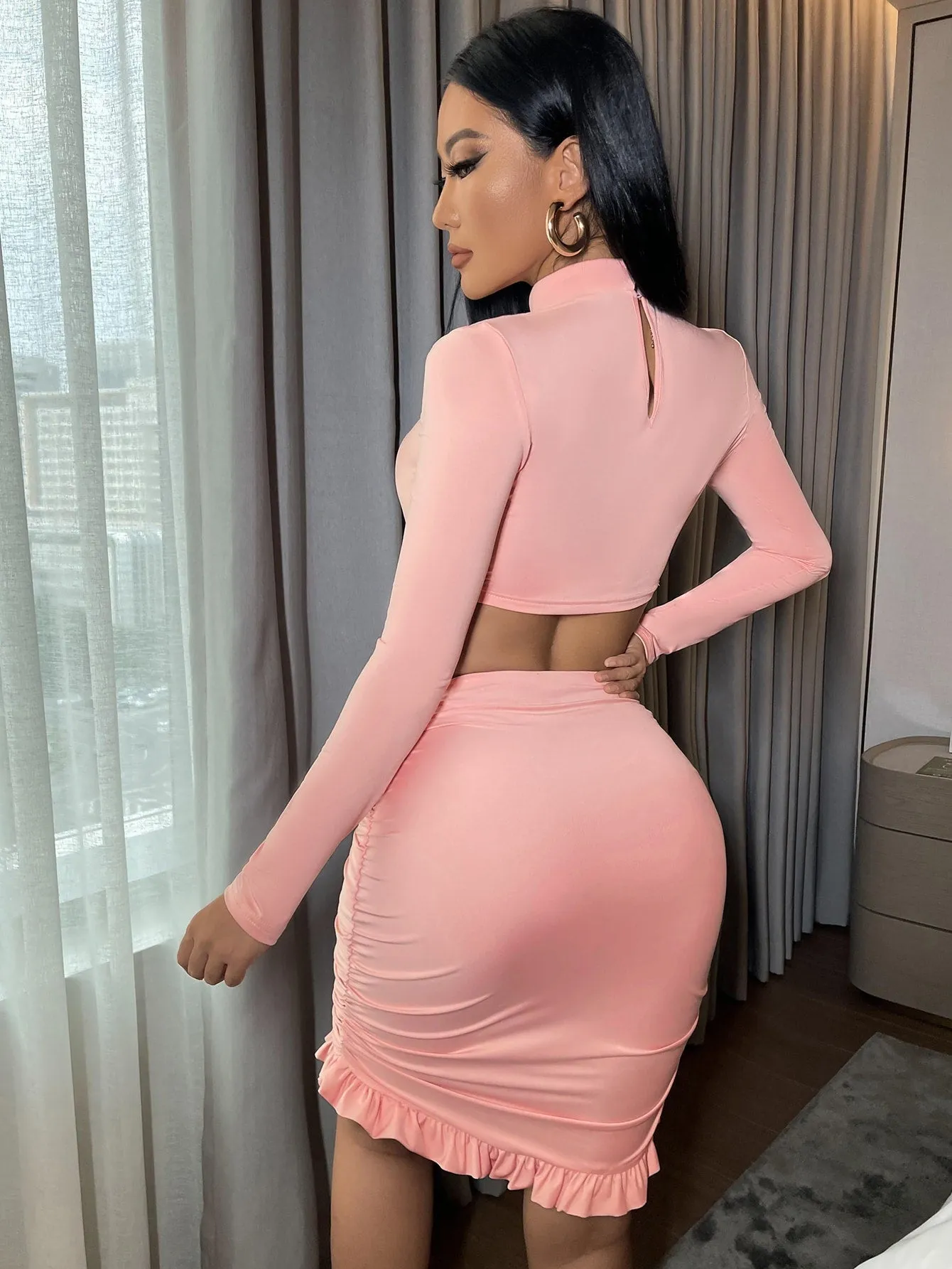 Sexy Plain Knot Long Sleeve Stand Collar Women Two-Piece Outfits