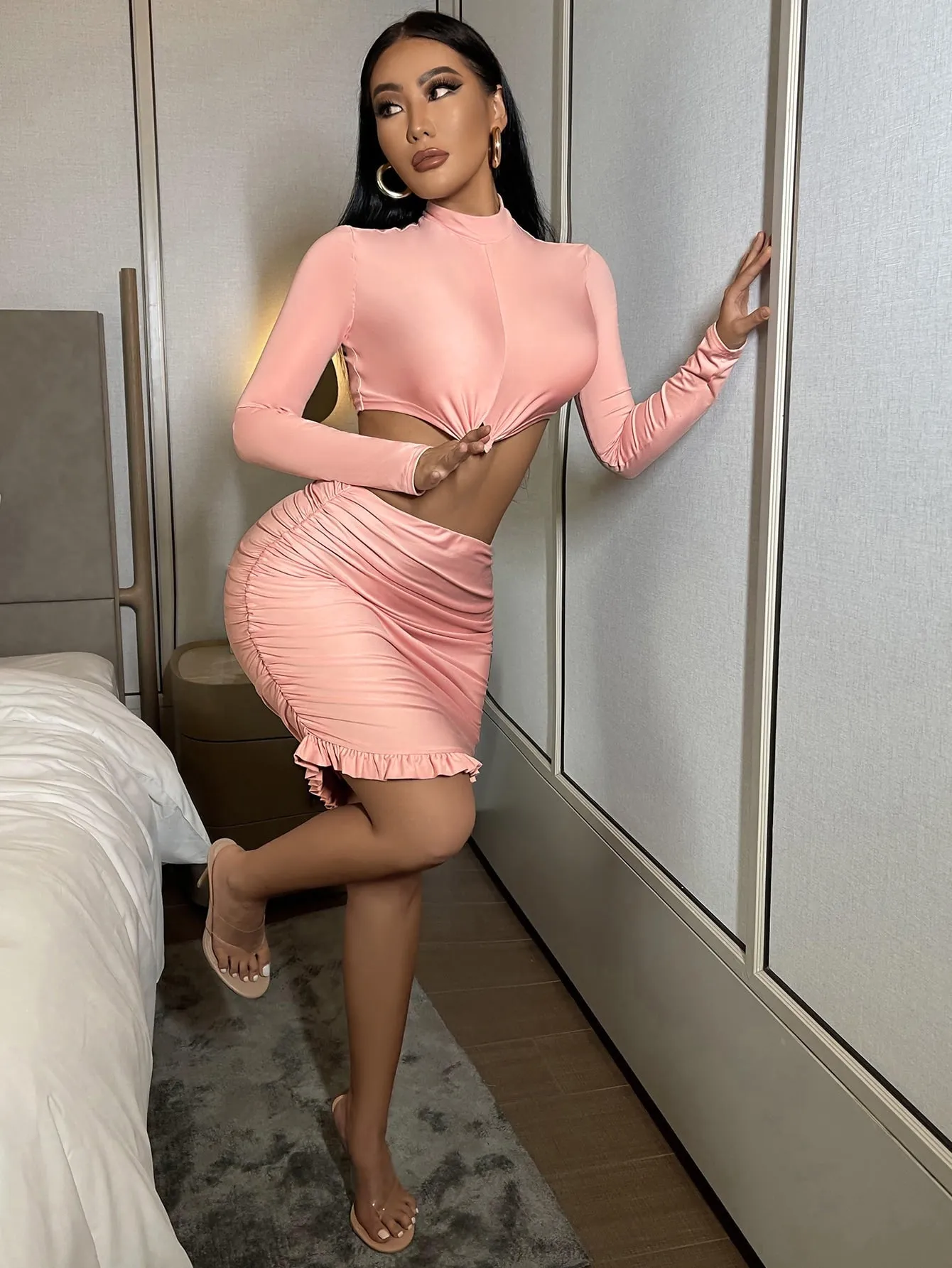 Sexy Plain Knot Long Sleeve Stand Collar Women Two-Piece Outfits