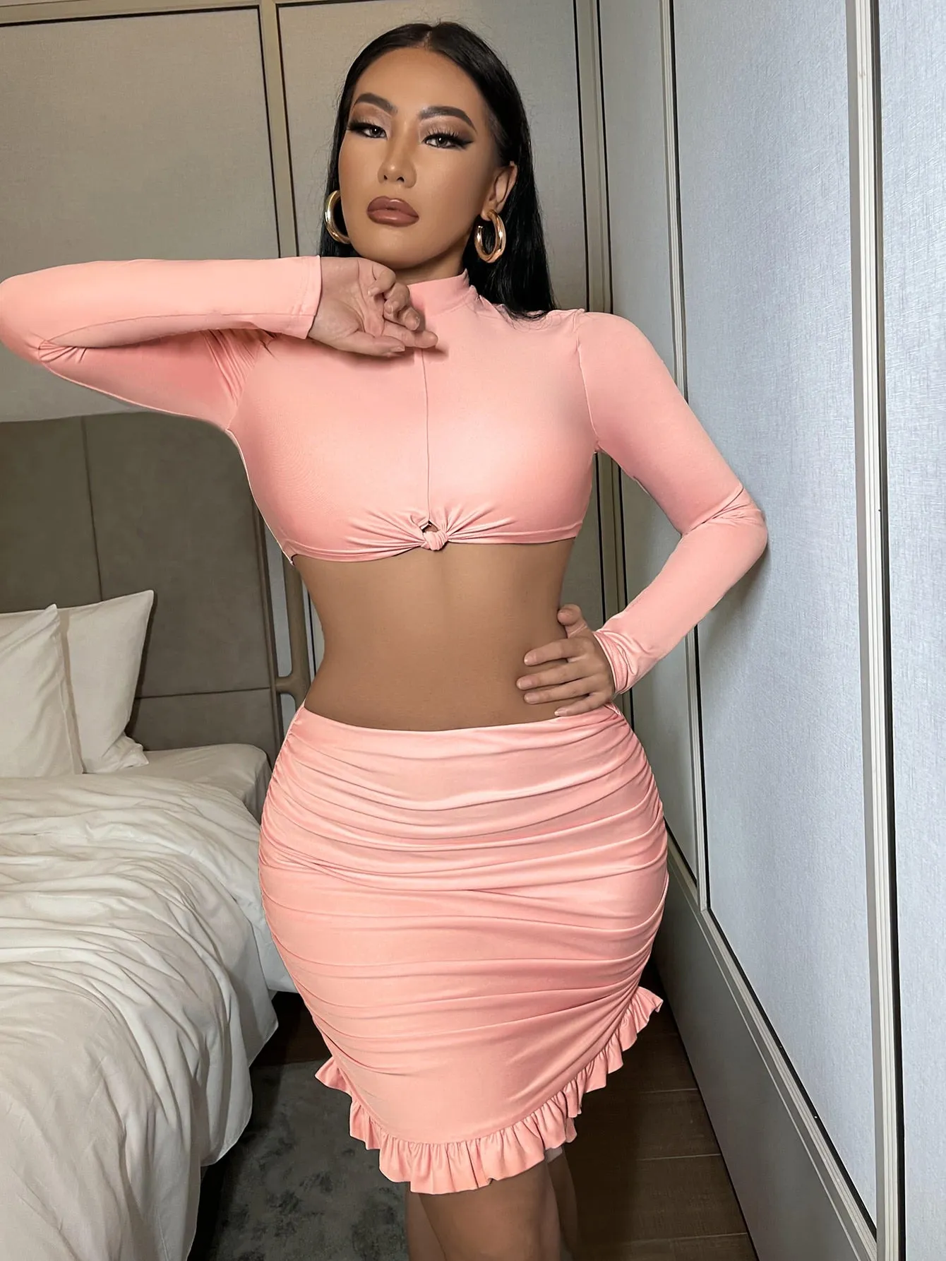 Sexy Plain Knot Long Sleeve Stand Collar Women Two-Piece Outfits