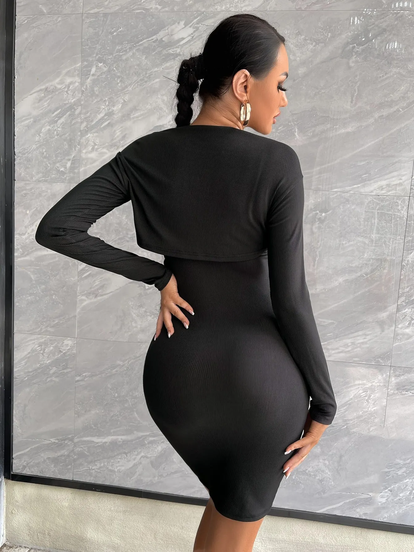 Sexy Plain Rib-Knit Long Sleeve Round Neck Women Two-Piece Outfits