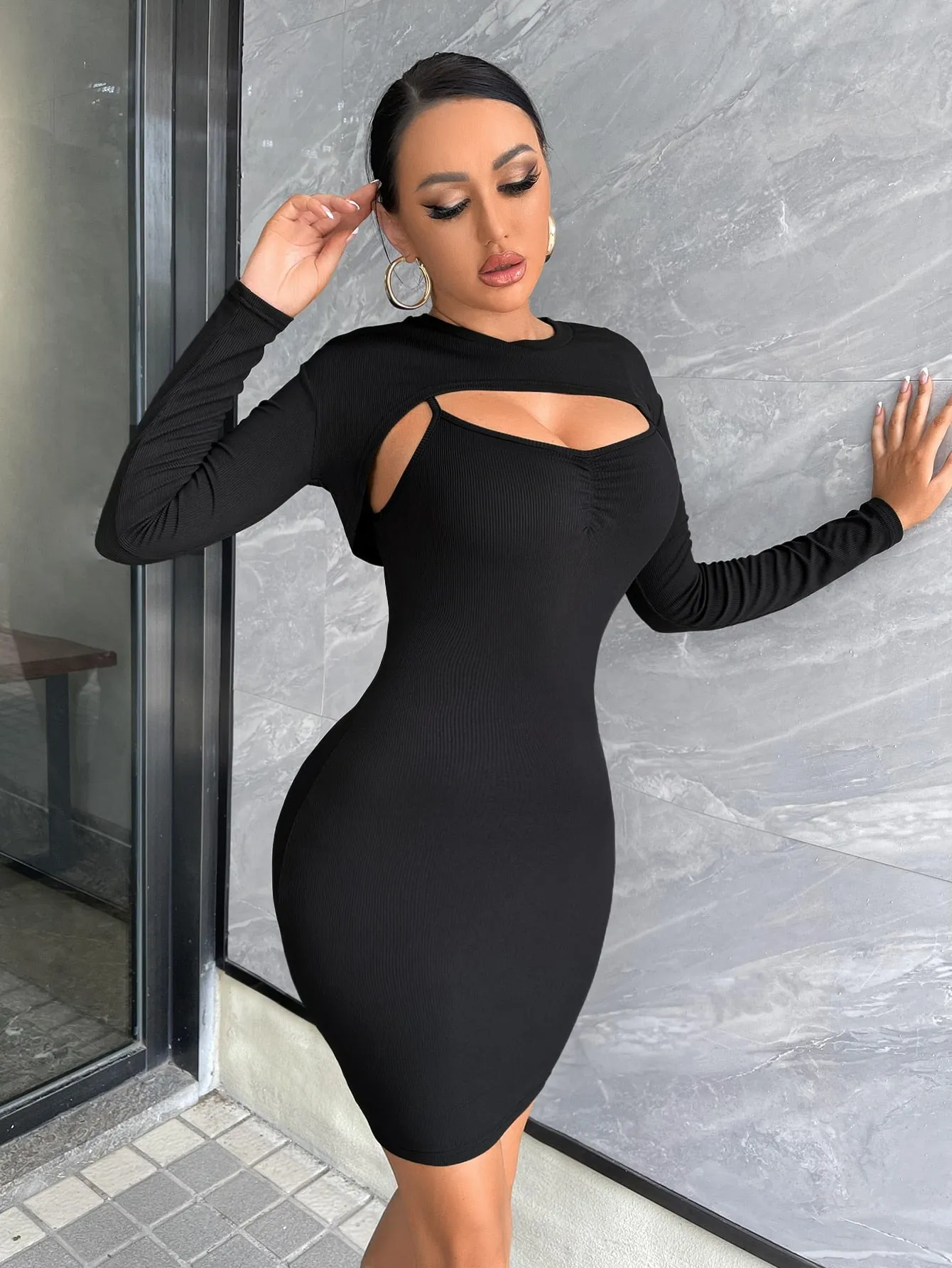 Sexy Plain Rib-Knit Long Sleeve Round Neck Women Two-Piece Outfits