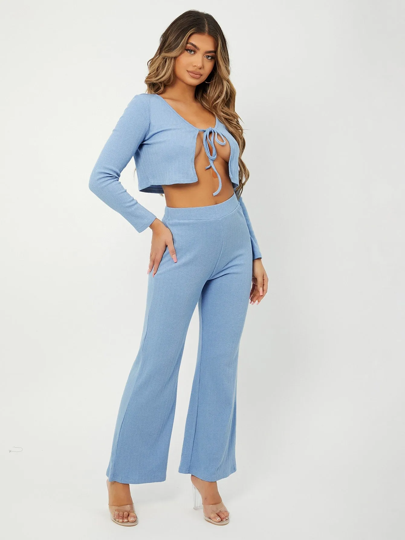 Sexy Plain Tie Front Long Sleeve V Neck Women Two-Piece Outfits