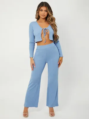 Sexy Plain Tie Front Long Sleeve V Neck Women Two-Piece Outfits