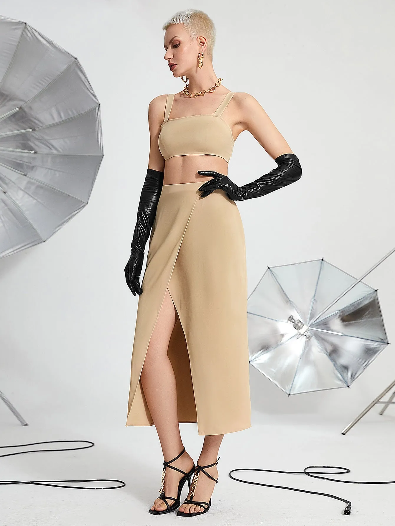 Sexy Plain Zipper Sleeveless Spaghetti Strap Women Two-Piece Outfits