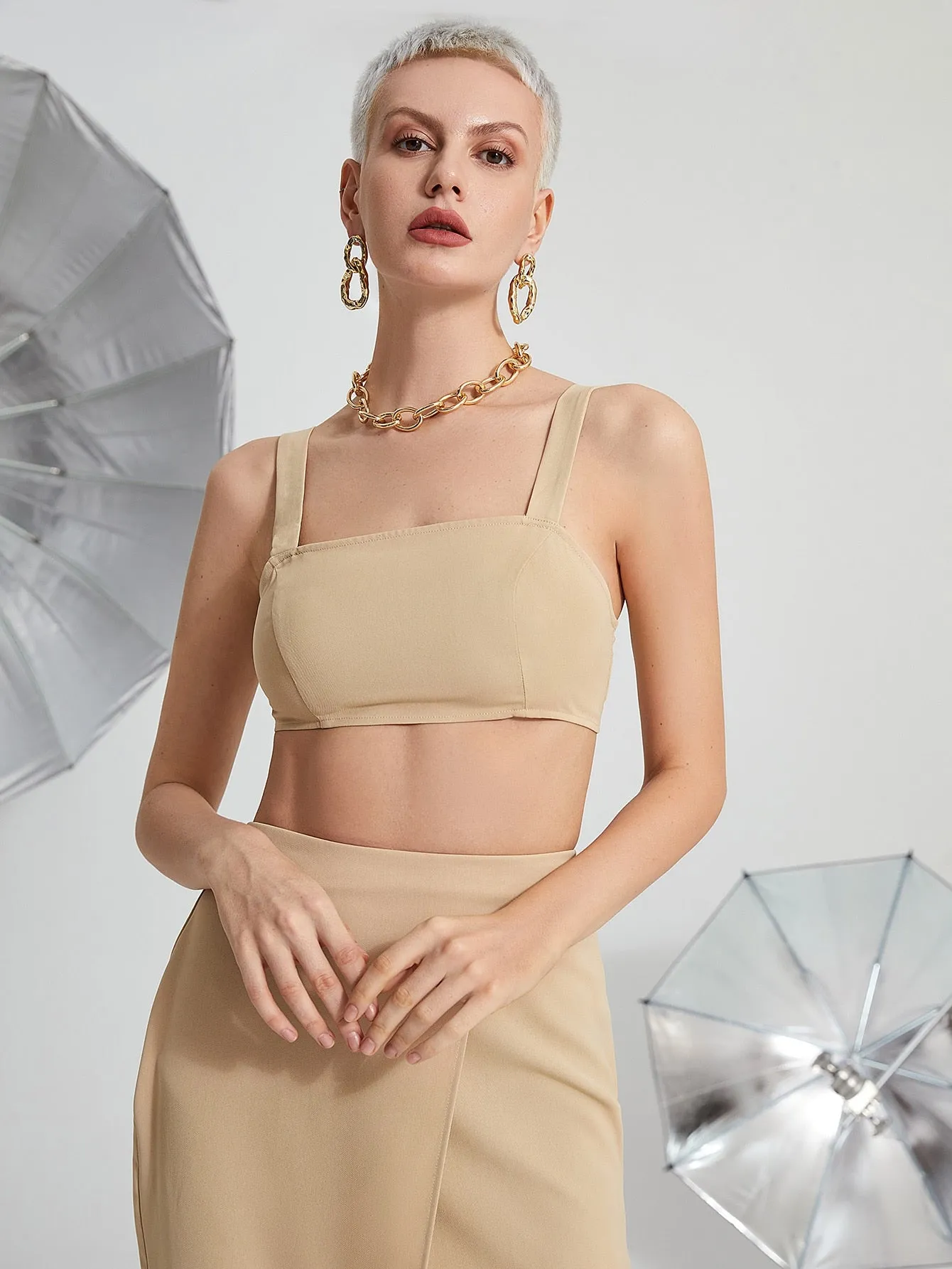 Sexy Plain Zipper Sleeveless Spaghetti Strap Women Two-Piece Outfits