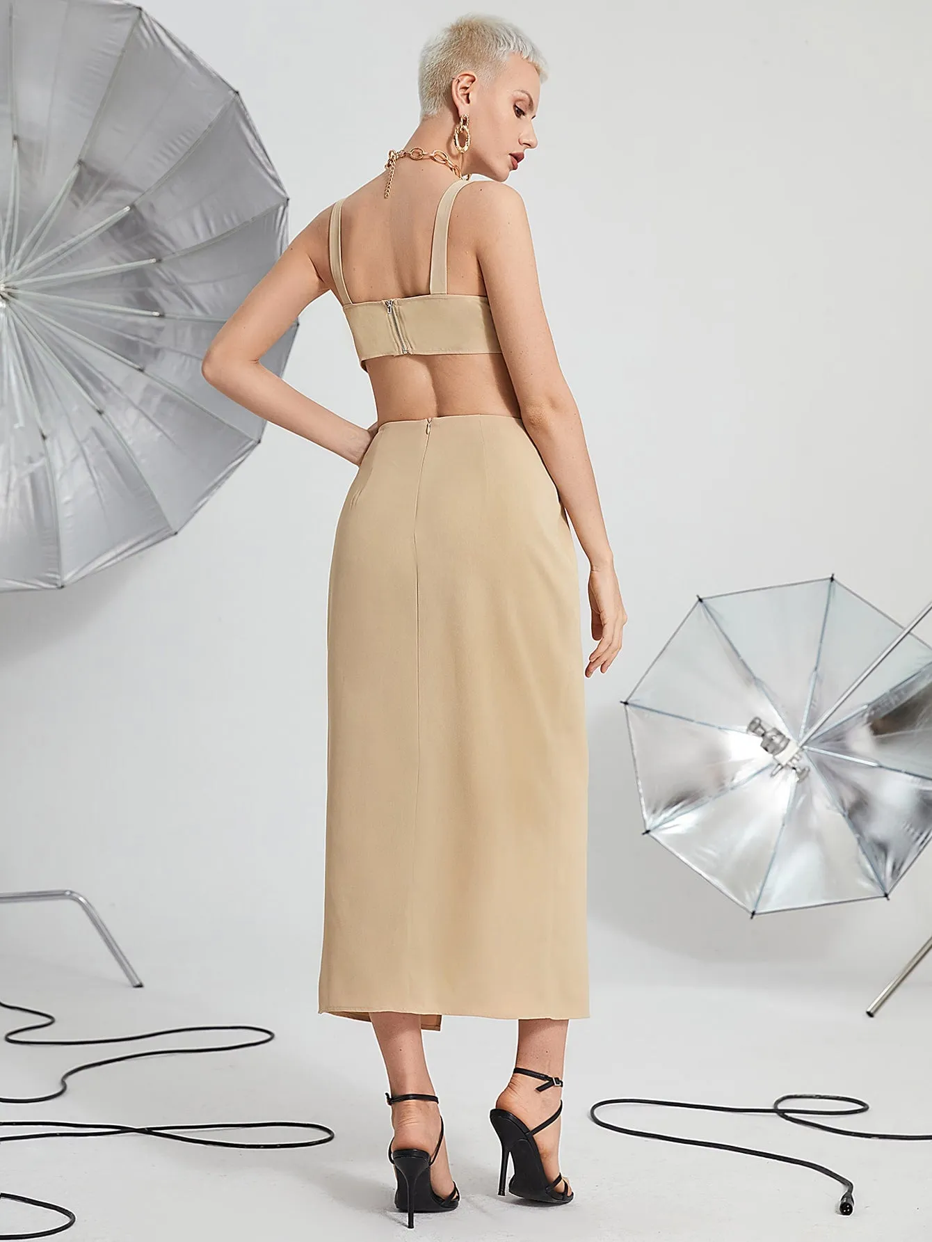Sexy Plain Zipper Sleeveless Spaghetti Strap Women Two-Piece Outfits