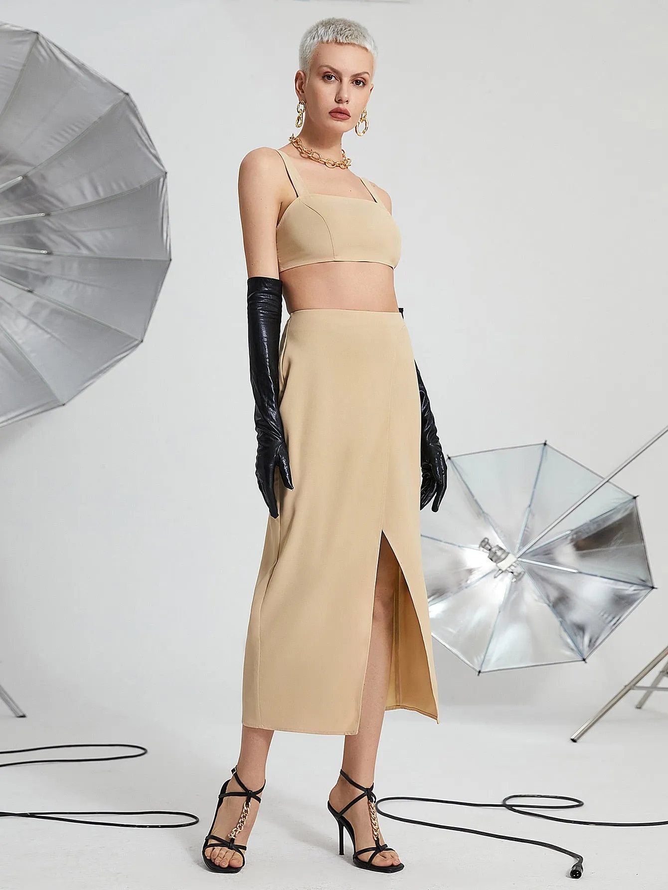 Sexy Plain Zipper Sleeveless Spaghetti Strap Women Two-Piece Outfits