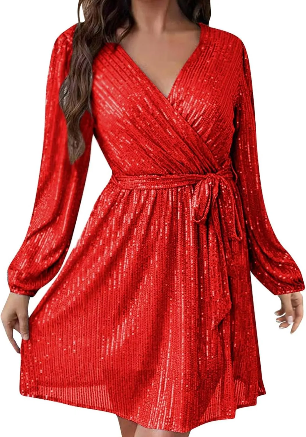 Sexy Sequin Dress for Women Party Night Long Sleeve Wrap V Neck Glitter Dresses Fashion Tie Waist V Neck Midi Dresses