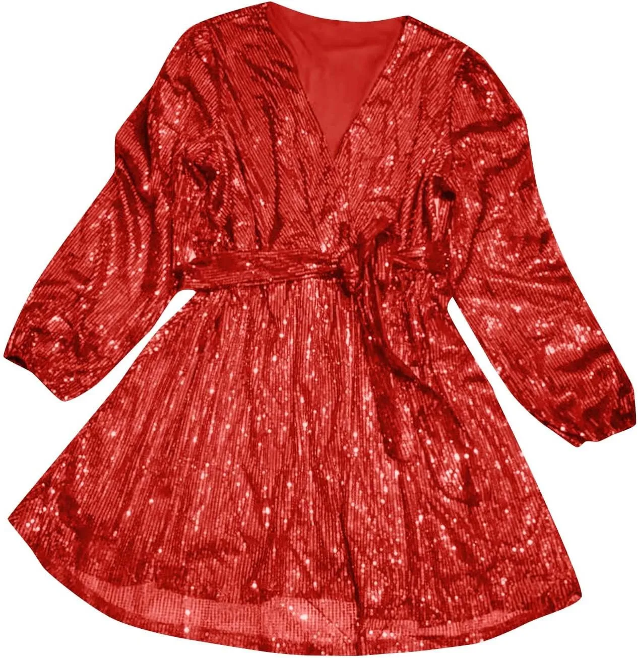 Sexy Sequin Dress for Women Party Night Long Sleeve Wrap V Neck Glitter Dresses Fashion Tie Waist V Neck Midi Dresses
