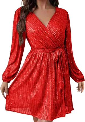 Sexy Sequin Dress for Women Party Night Long Sleeve Wrap V Neck Glitter Dresses Fashion Tie Waist V Neck Midi Dresses