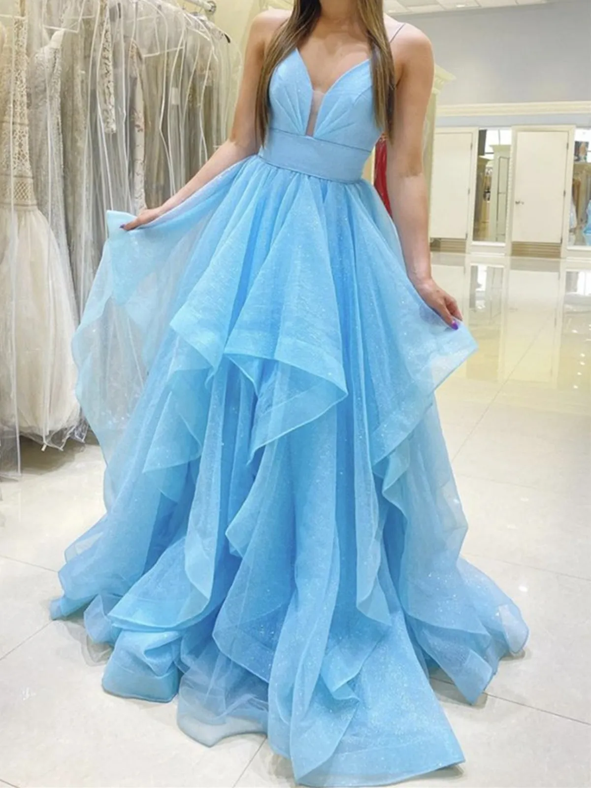 Shiny A Line V Neck Blue Long Prom Dresses, Blue V Neck Long Formal Evening Dresses