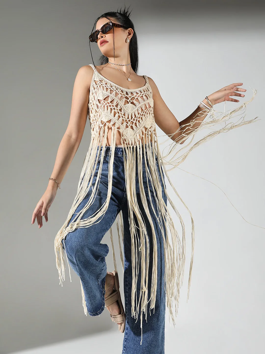 SHOWOFFFF Edition Women's Crochet Cream Top long Fringes