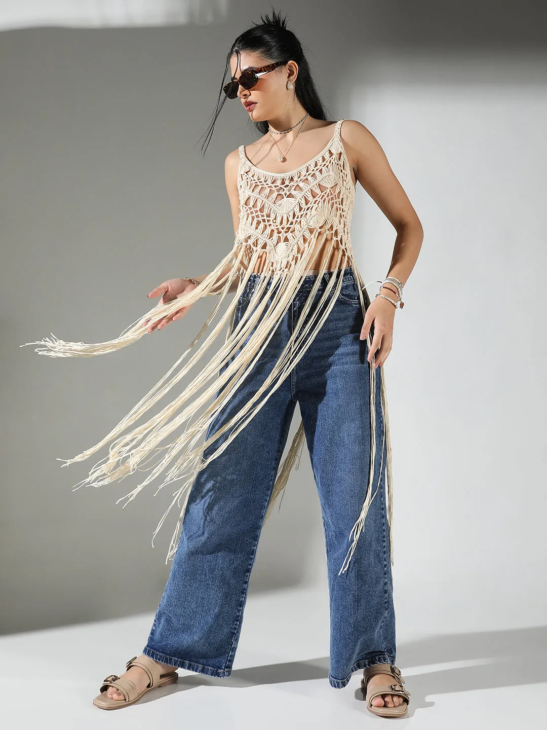 SHOWOFFFF Edition Women's Crochet Cream Top long Fringes