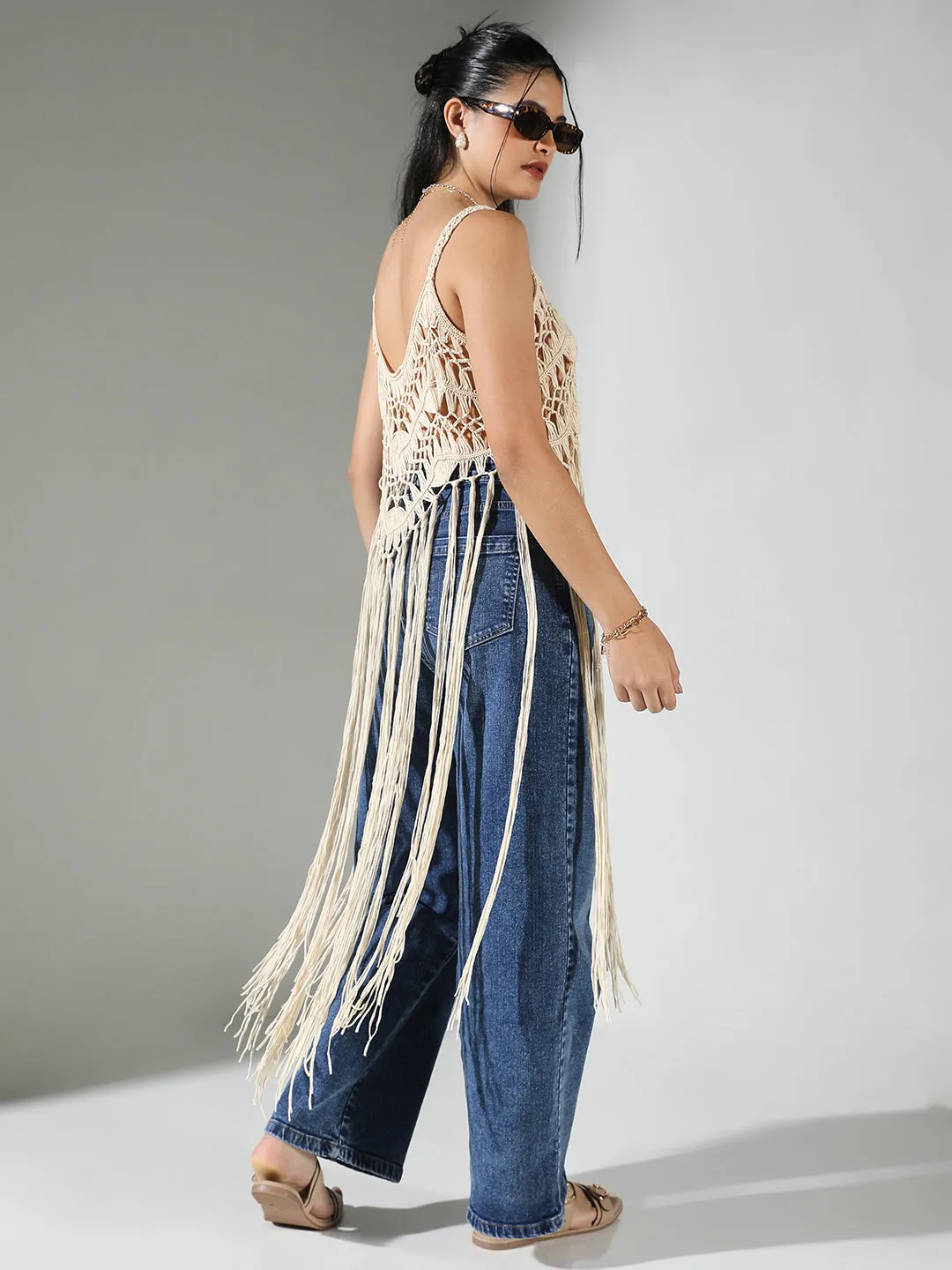 SHOWOFFFF Edition Women's Crochet Cream Top long Fringes
