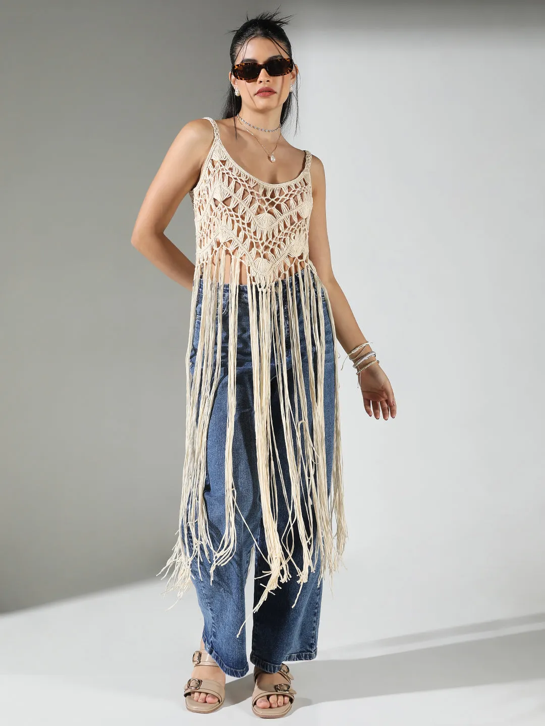 SHOWOFFFF Edition Women's Crochet Cream Top long Fringes
