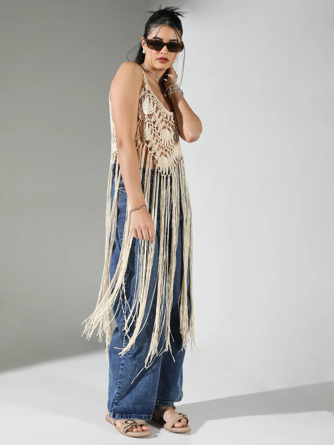 SHOWOFFFF Edition Women's Crochet Cream Top long Fringes