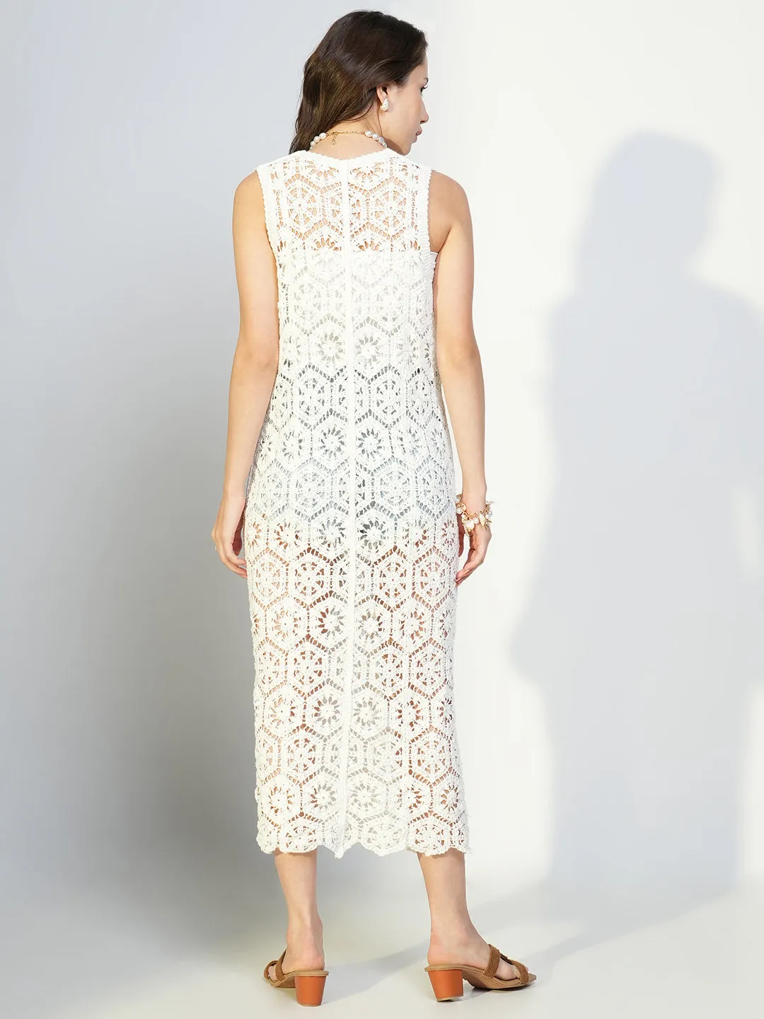 SHOWOFFFF Edition Women's Crochet White Sleeveless Long Shrug with Buttons
