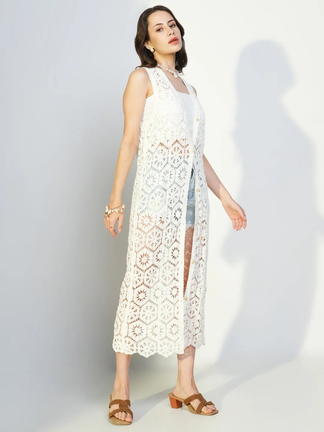 SHOWOFFFF Edition Women's Crochet White Sleeveless Long Shrug with Buttons