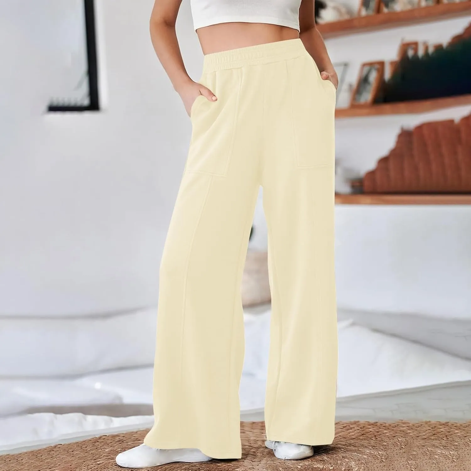 SMIDOW Womens High Waisted Wide Leg Palazzo Pants Trendy Fall Fashion Warm Fleece Sweatpants Workout Long Lounge Trousers