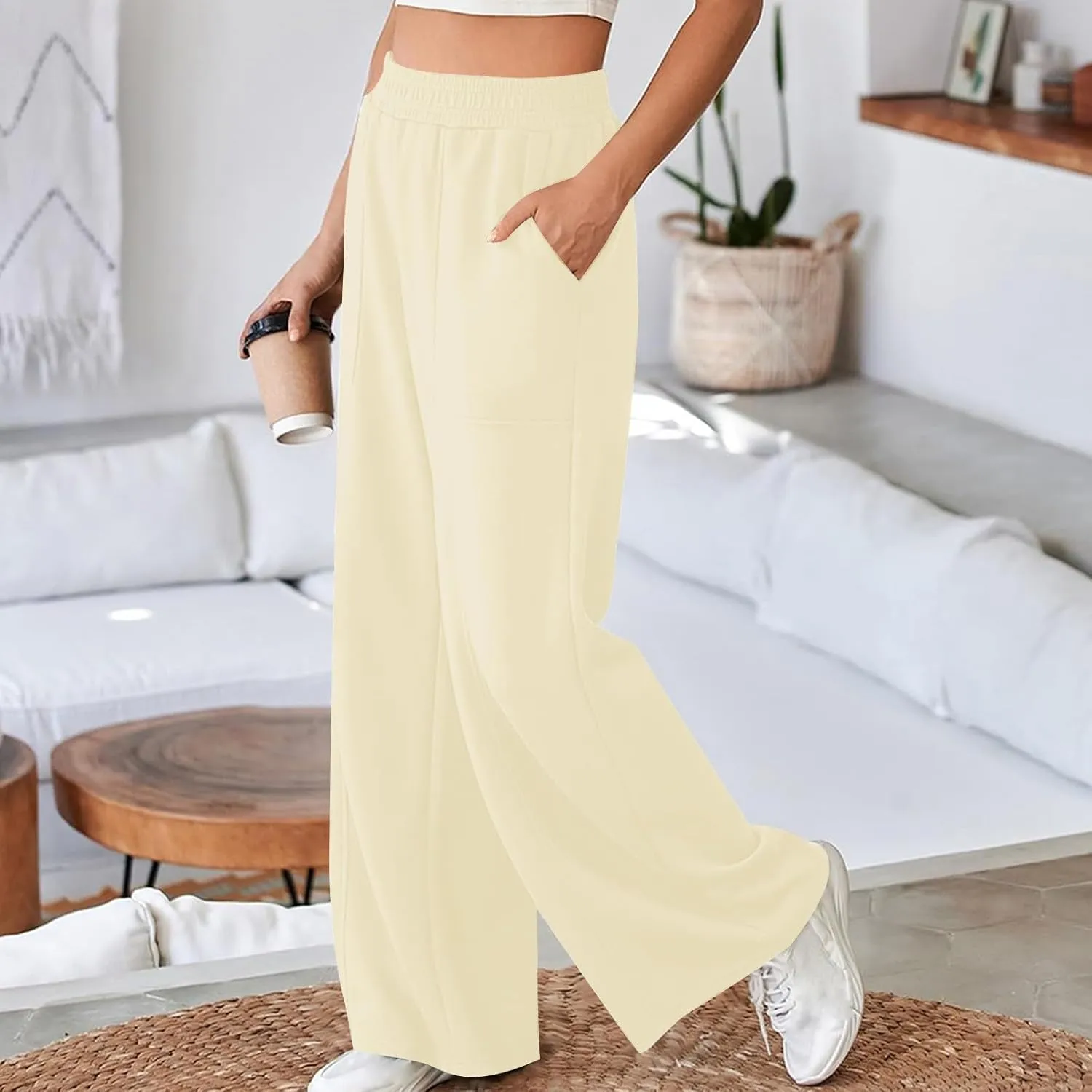 SMIDOW Womens High Waisted Wide Leg Palazzo Pants Trendy Fall Fashion Warm Fleece Sweatpants Workout Long Lounge Trousers