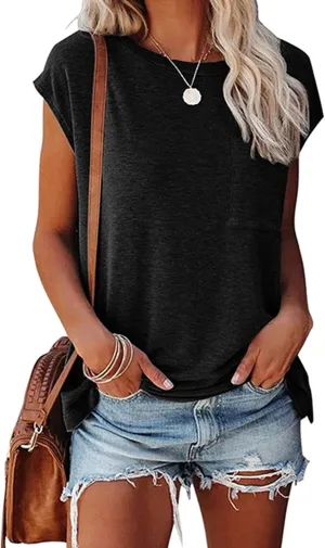 Smile Fish Womens Summer Short Cap Sleeve Shirts Solid Loose Fit Pocket Tunic Tops
