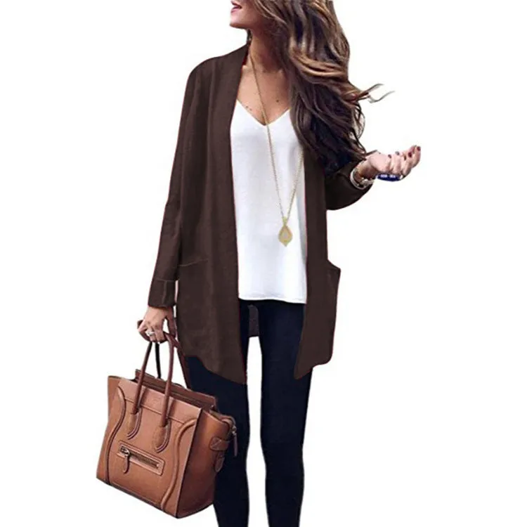 Solid Color Pockets Loose Open Cardigan