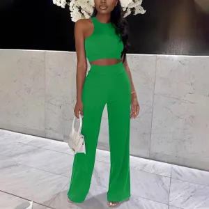 Solid Color Sleeveless Crop Top & High-Rise Pants