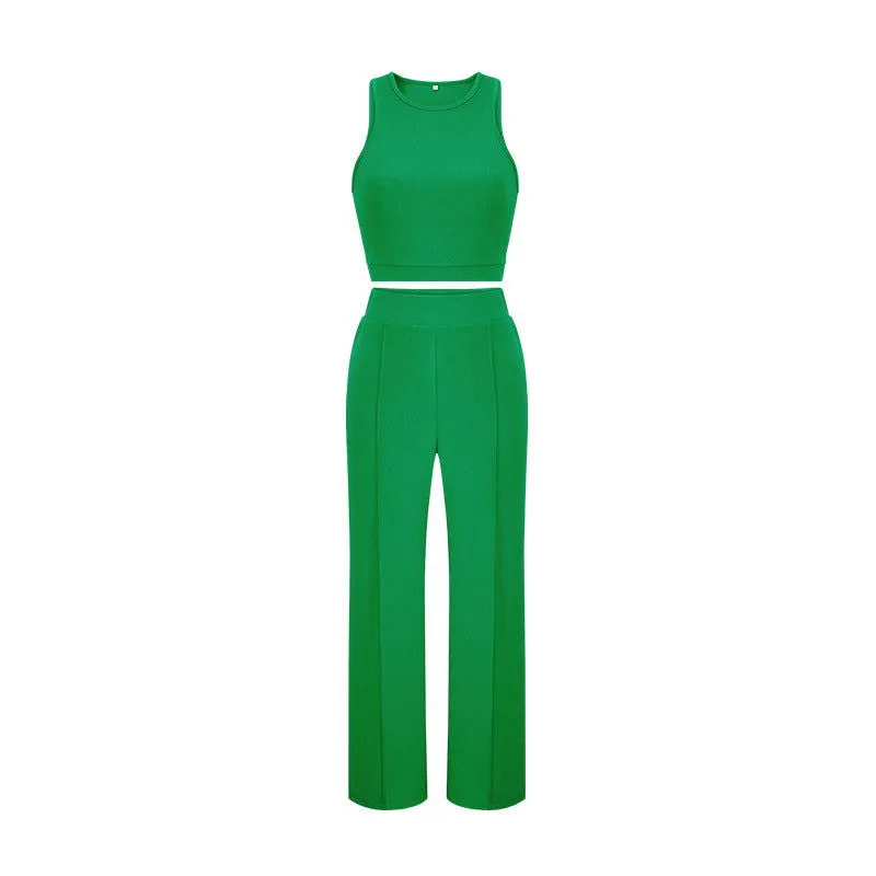 Solid Color Sleeveless Crop Top & High-Rise Pants