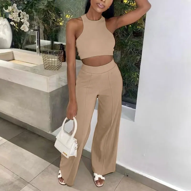 Solid Color Sleeveless Crop Top & High-Rise Pants
