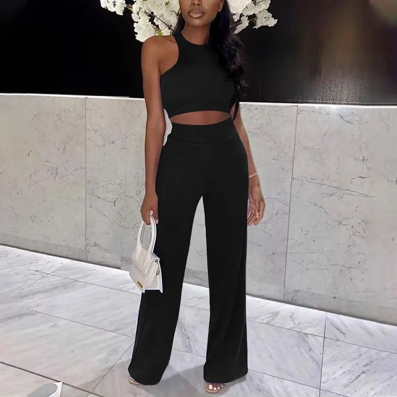 Solid Color Sleeveless Crop Top & High-Rise Pants