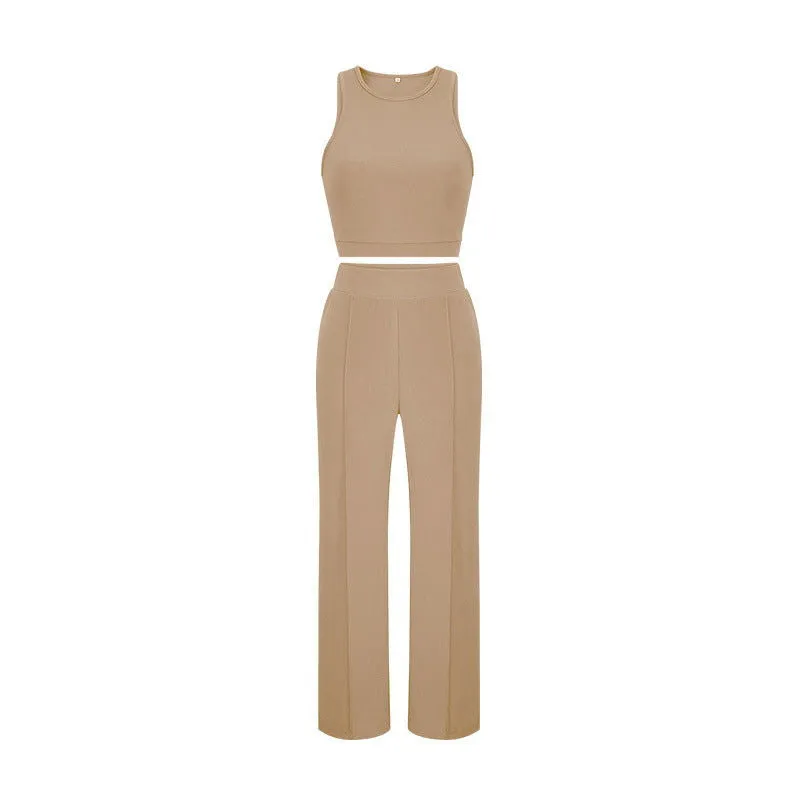 Solid Color Sleeveless Crop Top & High-Rise Pants
