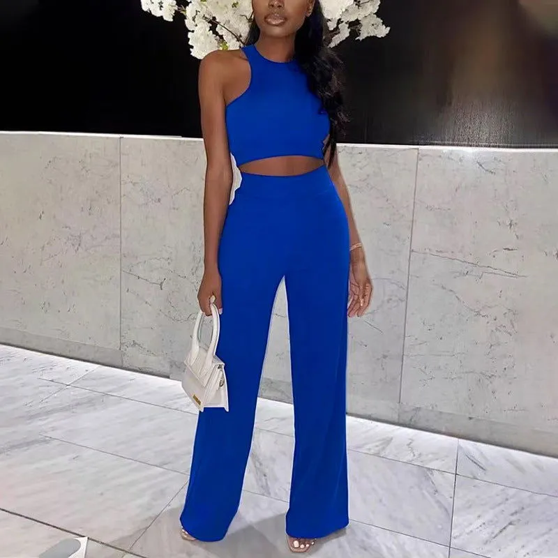 Solid Color Sleeveless Crop Top & High-Rise Pants