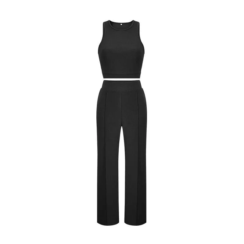 Solid Color Sleeveless Crop Top & High-Rise Pants