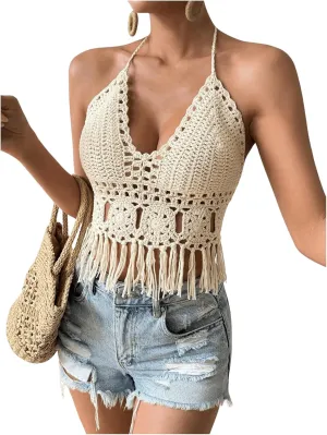 SOLY HUX Women's Crochet Tops Summer Sexy Knitted V Neck Sleeveless Camisole Halter Fringe Crop Top