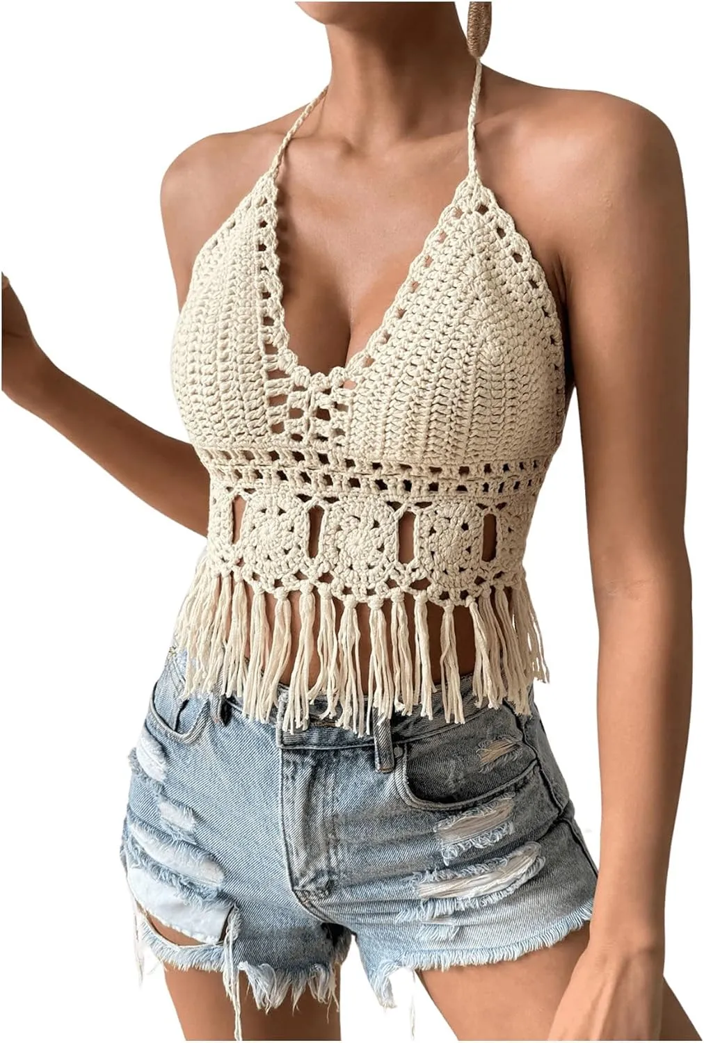 SOLY HUX Women's Crochet Tops Summer Sexy Knitted V Neck Sleeveless Camisole Halter Fringe Crop Top