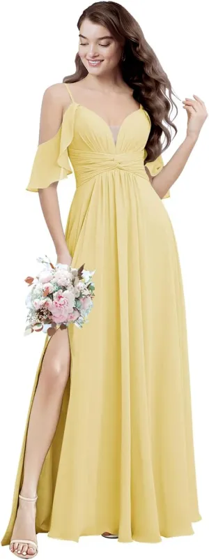 Spaghetti Straps Chiffon Bridesmaid Dresses with Slit A-Line Flowy Sleeve Cross Waist Pleated Wedding Guest Dress Long