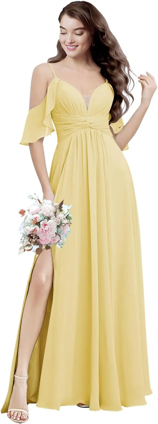 Spaghetti Straps Chiffon Bridesmaid Dresses with Slit A-Line Flowy Sleeve Cross Waist Pleated Wedding Guest Dress Long