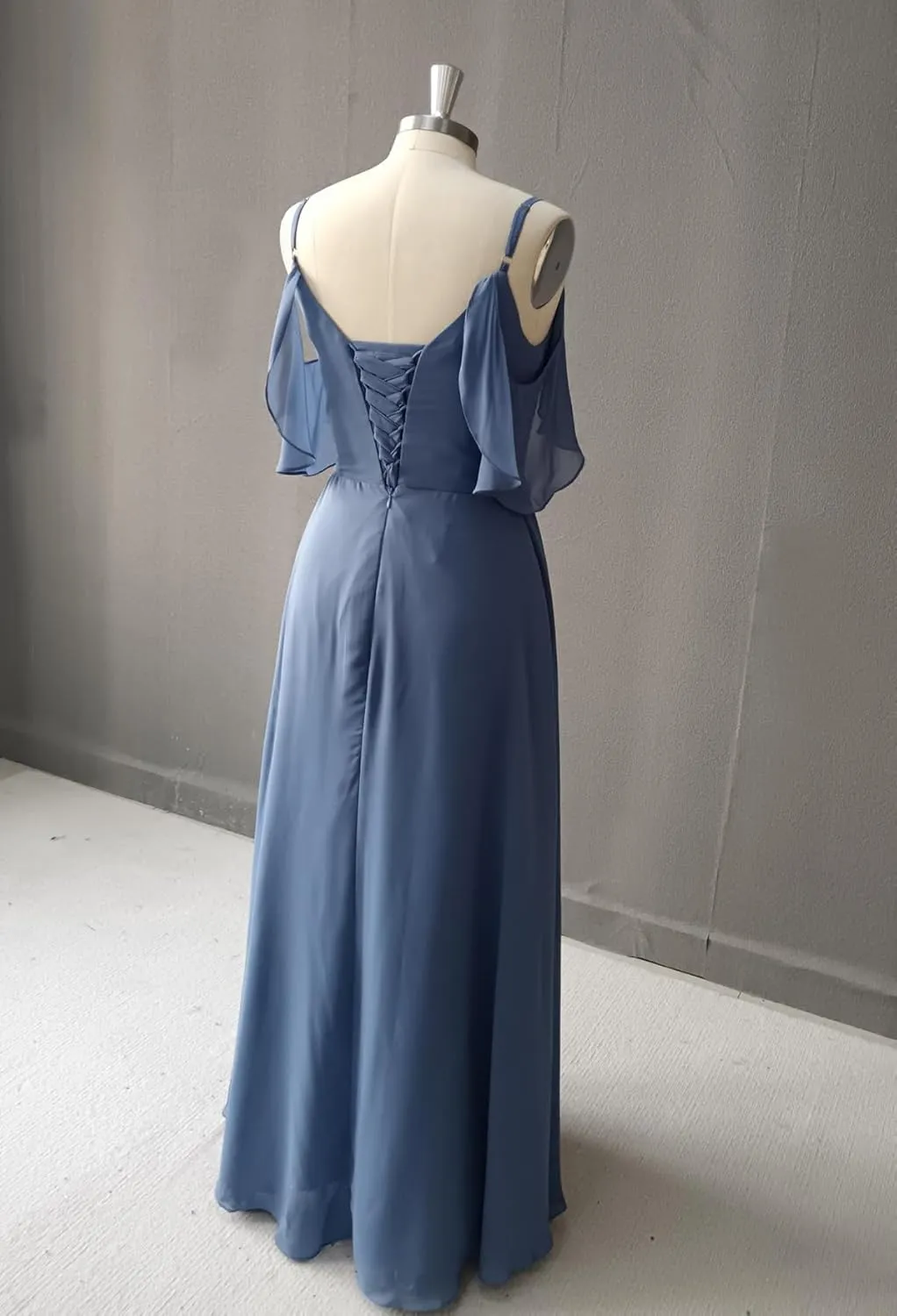 Spaghetti Straps Chiffon Bridesmaid Dresses with Slit A-Line Flowy Sleeve Cross Waist Pleated Wedding Guest Dress Long