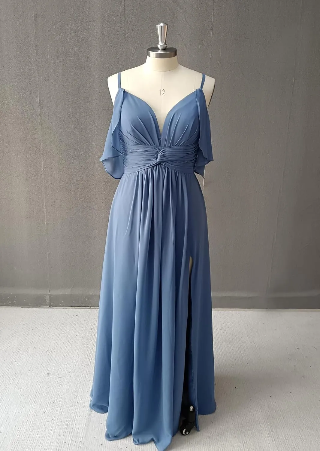 Spaghetti Straps Chiffon Bridesmaid Dresses with Slit A-Line Flowy Sleeve Cross Waist Pleated Wedding Guest Dress Long