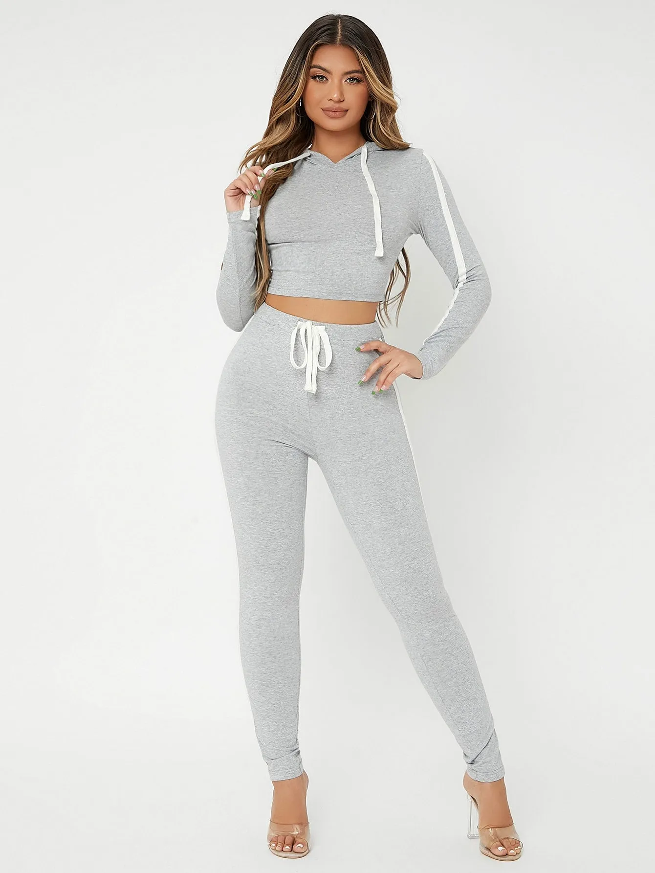 Sporty Colorblock Side Stripe Long Sleeve Hooded Women Two-Piece Outfits