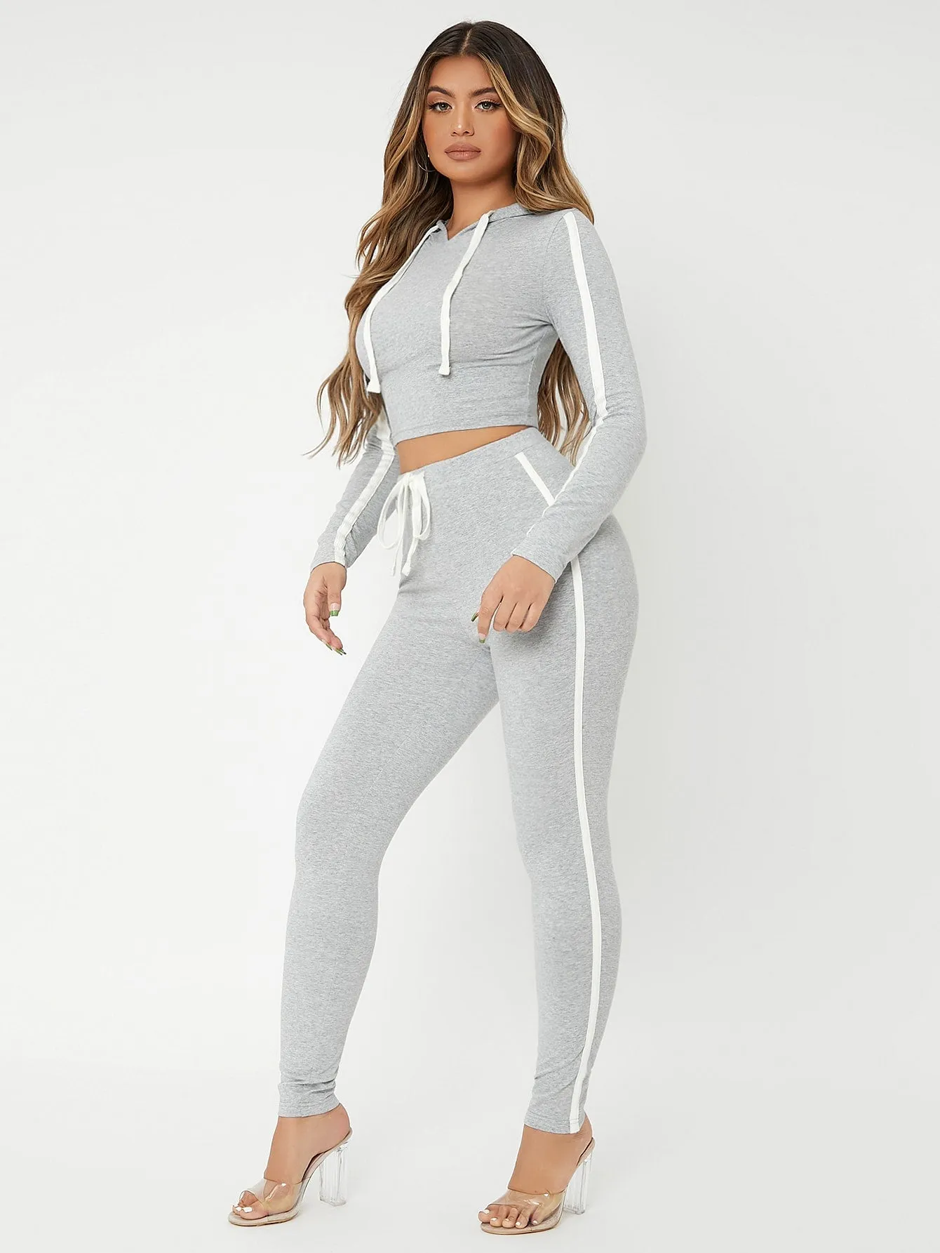 Sporty Colorblock Side Stripe Long Sleeve Hooded Women Two-Piece Outfits