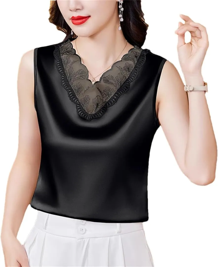 Spring Summer Women Satin Camisole Sleeveless Shirt Tank Top V-Neck Sexy Patchwork Lace Vest Tops