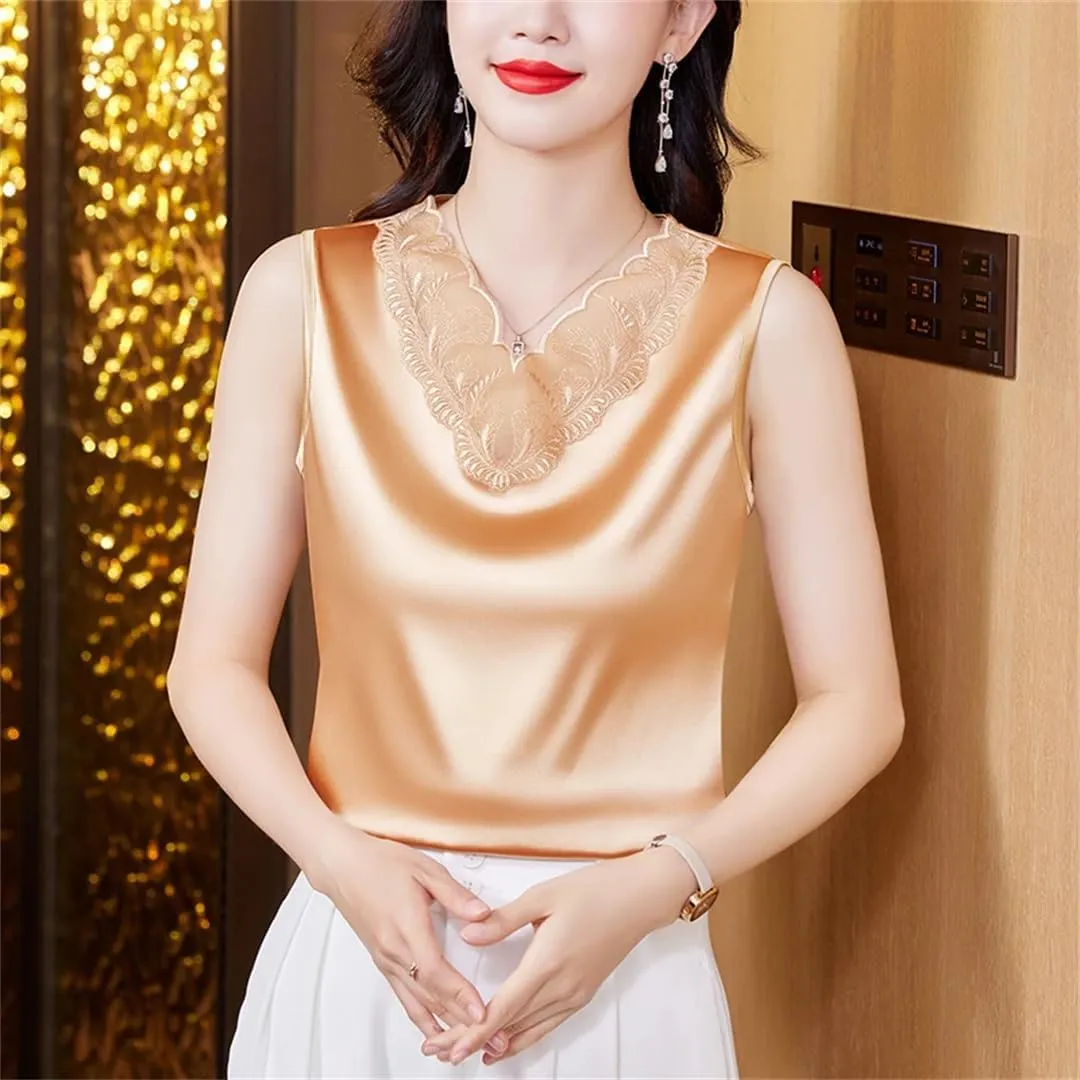 Spring Summer Women Satin Camisole Sleeveless Shirt Tank Top V-Neck Sexy Patchwork Lace Vest Tops