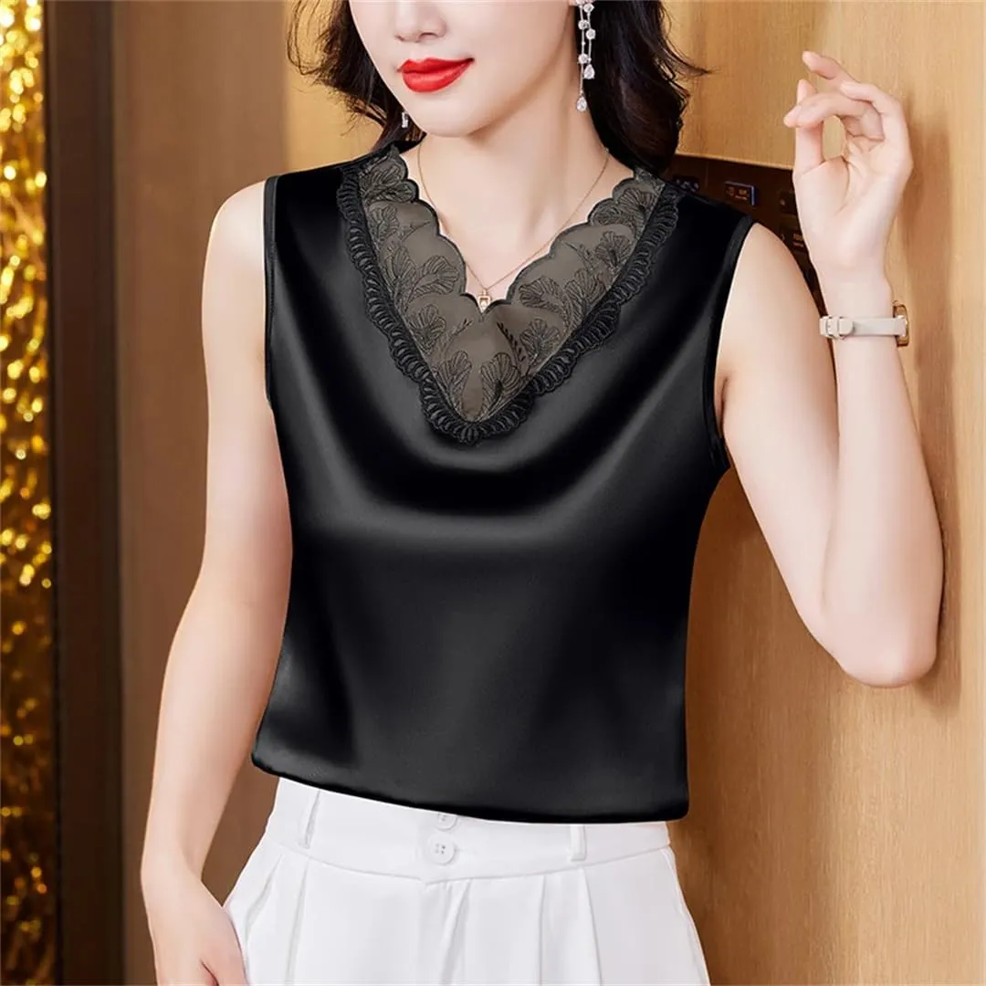 Spring Summer Women Satin Camisole Sleeveless Shirt Tank Top V-Neck Sexy Patchwork Lace Vest Tops