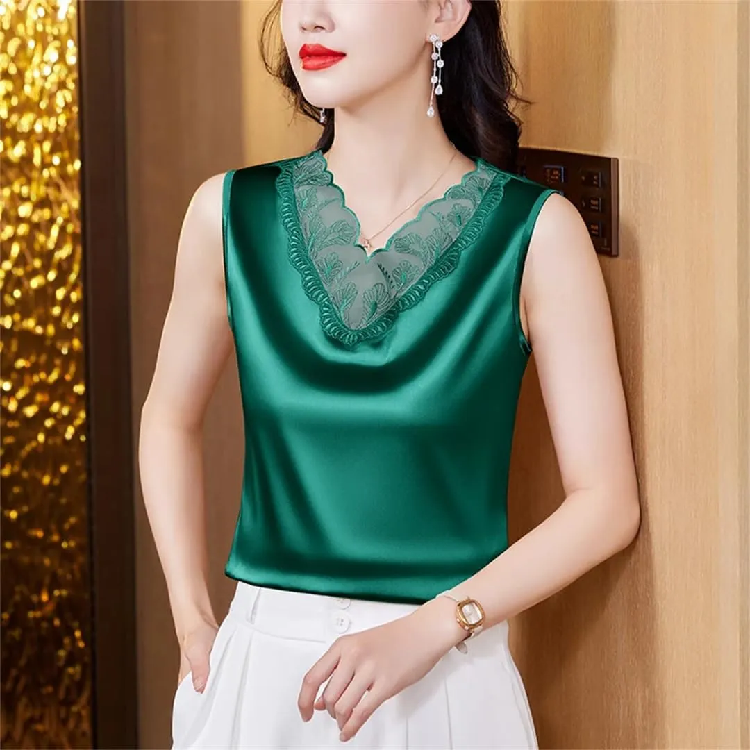 Spring Summer Women Satin Camisole Sleeveless Shirt Tank Top V-Neck Sexy Patchwork Lace Vest Tops