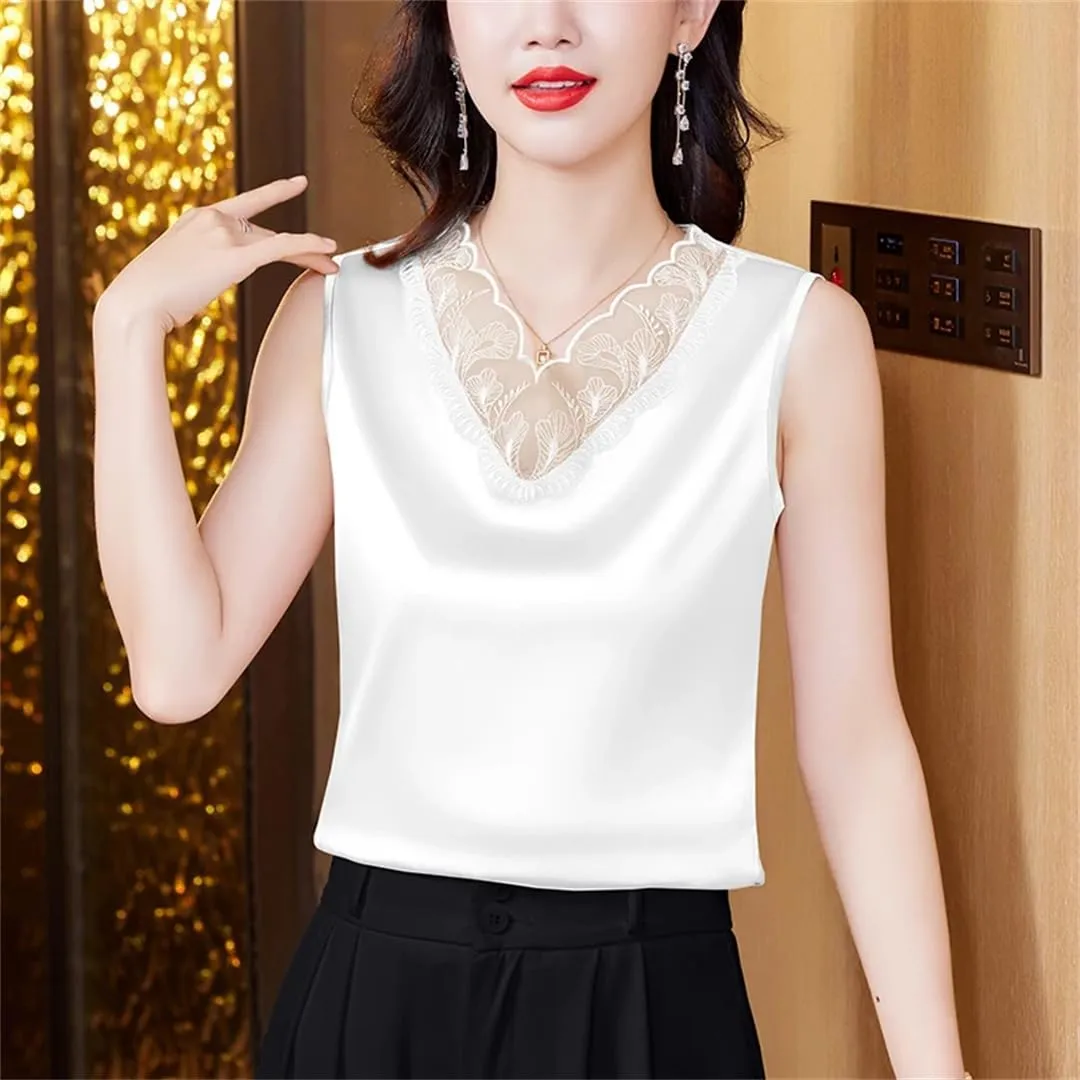 Spring Summer Women Satin Camisole Sleeveless Shirt Tank Top V-Neck Sexy Patchwork Lace Vest Tops