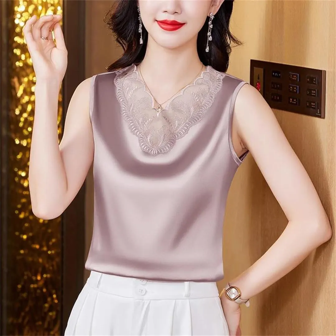 Spring Summer Women Satin Camisole Sleeveless Shirt Tank Top V-Neck Sexy Patchwork Lace Vest Tops